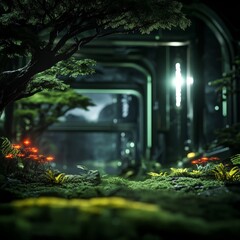 Wall Mural - Discover a futuristic garden with glowing plants nestled in a sleek, modern architectural setting for a captivating, surreal and calming visual experience