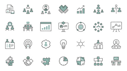 A set of flat vector icons for web and mobile design with symbols for technology, business, finance, and social internet use
