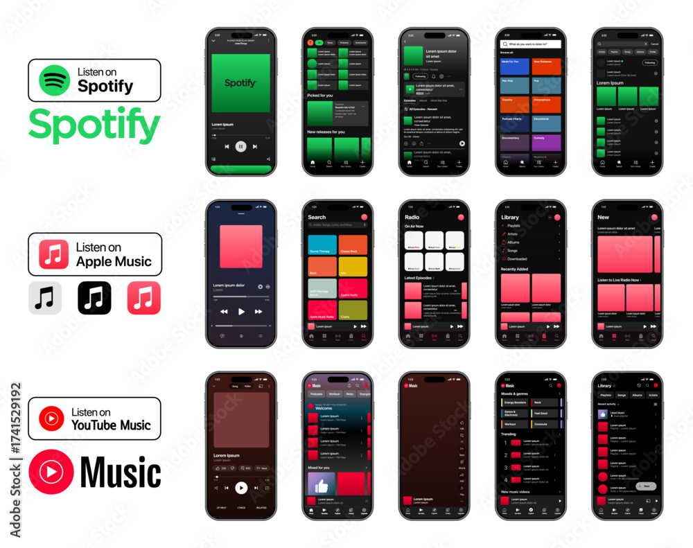Music Stream Layout Image vectorielle Stock Spotify Apple Music YouTube Music app interface ...