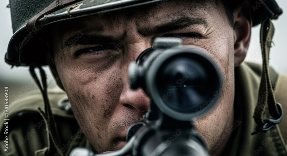 Soldier aiming down optical sight on rifle. Male sniper in action ...
