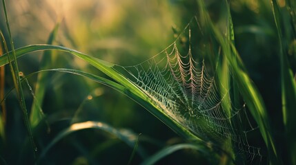 Delicate spider web glimmering in morning light among green grass