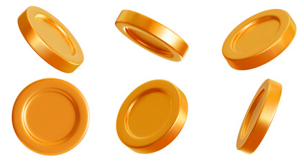 Wall Mural - 3D set golden coins with different angles. Symbol of gold and wealth. Stock vector illustration on isolated background.
