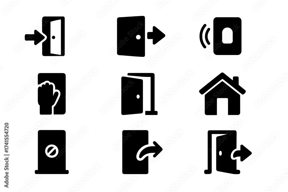Door solid glyph icon set. Contains enter, exit, open, closed door ...