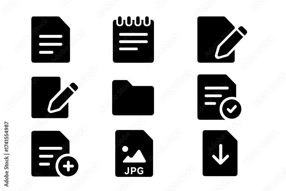 File document solid glyph icon set. Includes edit, write, note, folder ...