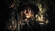 © max79im - A spooky Halloween portrait of a mysterious witch in a forest holding a lantern that casts dramatic shadows on her face
