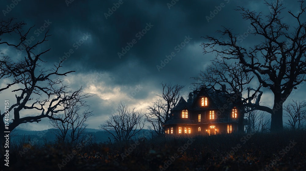 Haunted House Raining Background Atmospheric Halloween background with haunted house silhouette crooked ...
