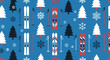 © masiku - Winter pattern with skis, poles, trees, snowflakes on a blue background