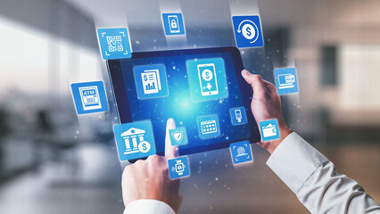 Wall Mural - Online banking and digital banking innovation combining finance and technology, optimizing online banking systems, mobile banking services, and fintech for seamless experience. Spire