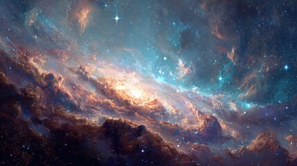 Wall Mural - A beautiful, colorful galaxy with a large, glowing star in the center. The stars are scattered throughout the sky, creating a sense of depth and wonder. Scene is one of awe
