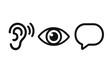 © jasmine - Listen, look, and speak icon set. Ear for hearing, eye for vision, and speech bubble for talking. Sensory perception and communication concept. Simple vector line icons.