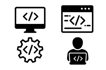Programming development vector set with coding icons, software development symbols, computer screen, coding gear, browser code window, programmer and laptop isolated on white background