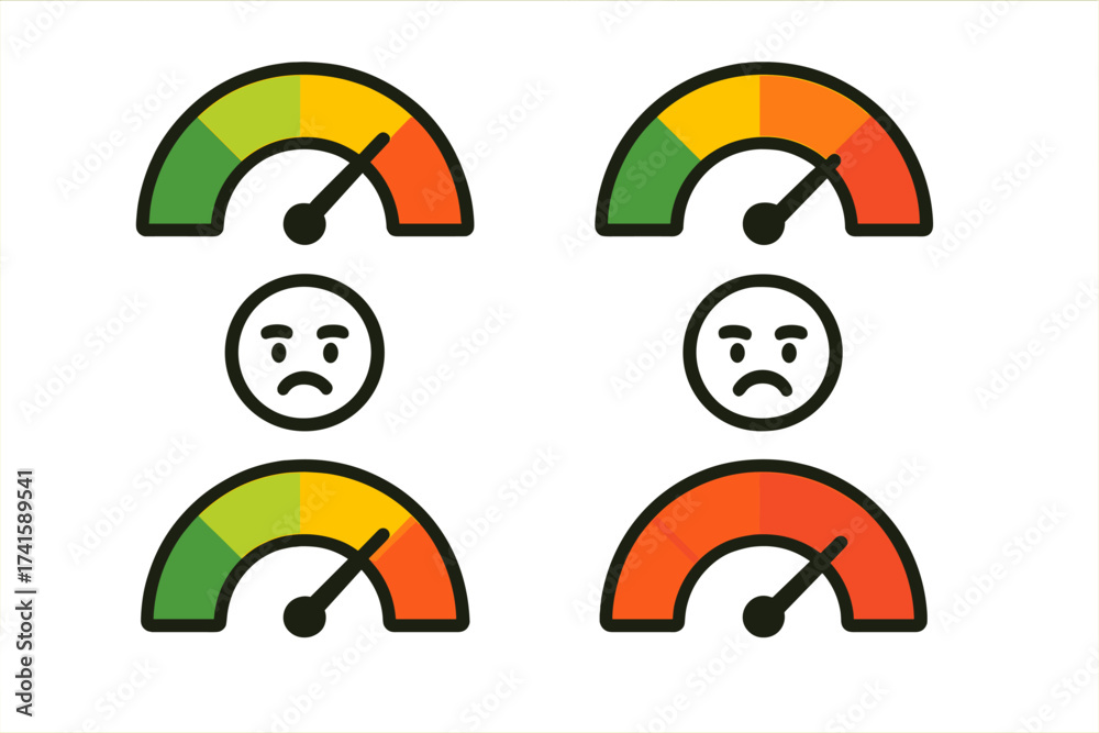 Stress Level Gauge Icon Vector Illustration Set with Sad Face Emoji ...
