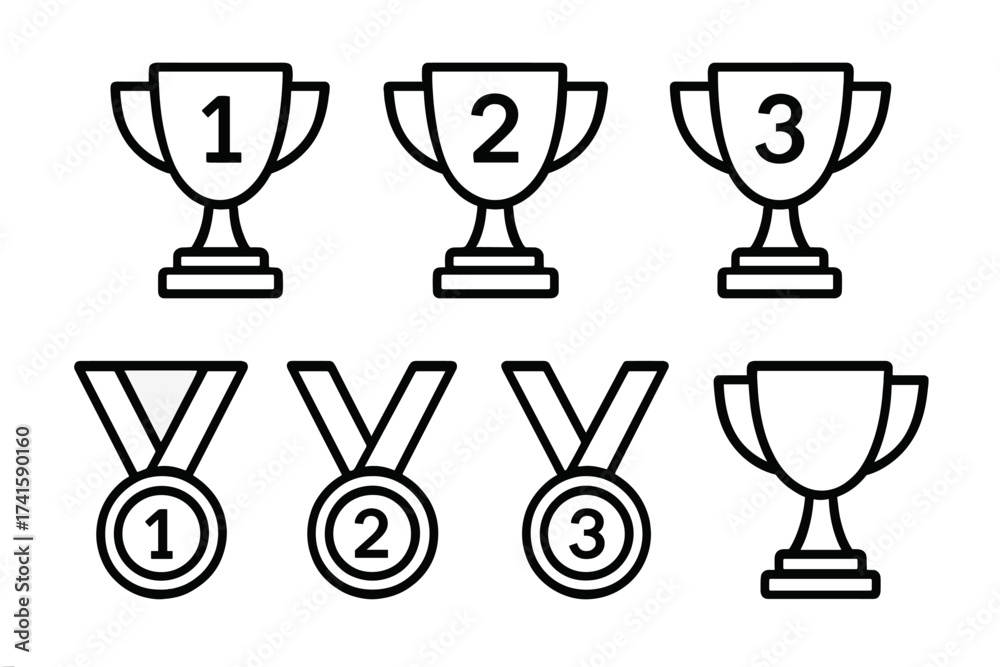 Trophy and medal icon set, champion winner award collection, first ...