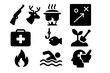 © Janien - Survival Skills Icon Set with Hunting, Cooking, Planning, First Aid, Fishing, Farming, Fire, Swimming, Problem Solving, and Natural Medicine Symbols, Solid Vector Icons for Outdoor and Wilderness