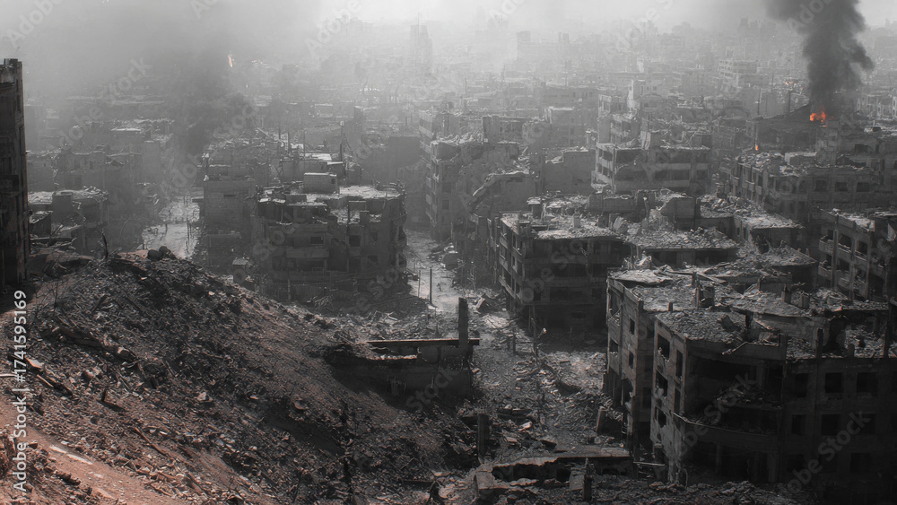 Devastating bird eye view of war torn city in ruins. Smoke rises from ...