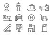 © MarryBerry - Airport Infrastructure Icons. Outline vector icons of airport infrastructure: runway light, air control tower,
