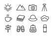 © MarryBerry - Sunrise Viewpoint Icons. Outline icon set of sunrise viewpoint stop: sun, mountain, camera, tripod, coffee cup
