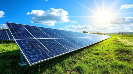 Shining sun over vast solar panel array in lush green field for sustainable energy solutions now