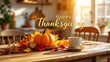 © Nayan - Happy thanksgiving pumpkin and autumn leaves on table in kitchen holiday season background image stock photo on transparent background