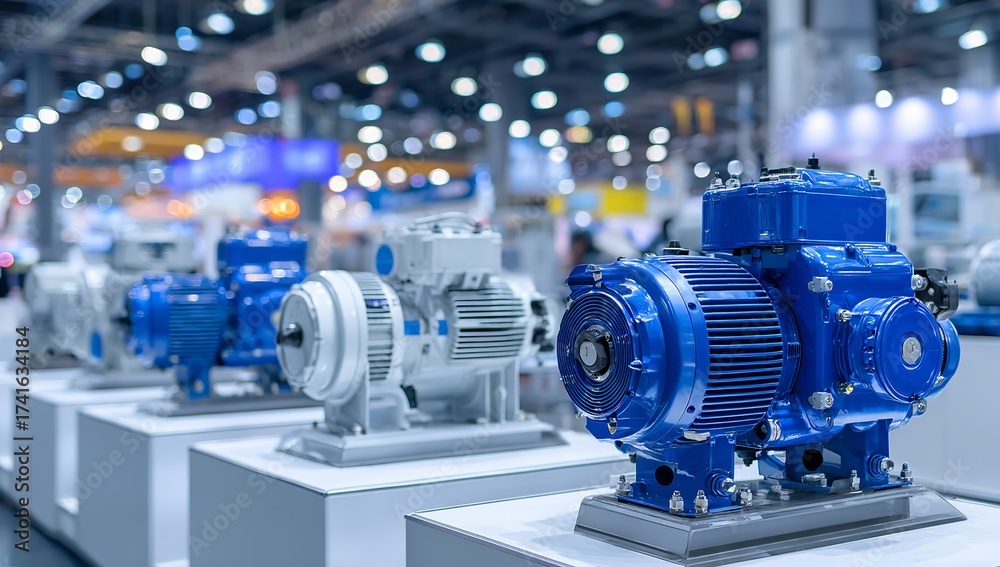 Bold blue industrial pumps shine at a modern engineering trade show ...