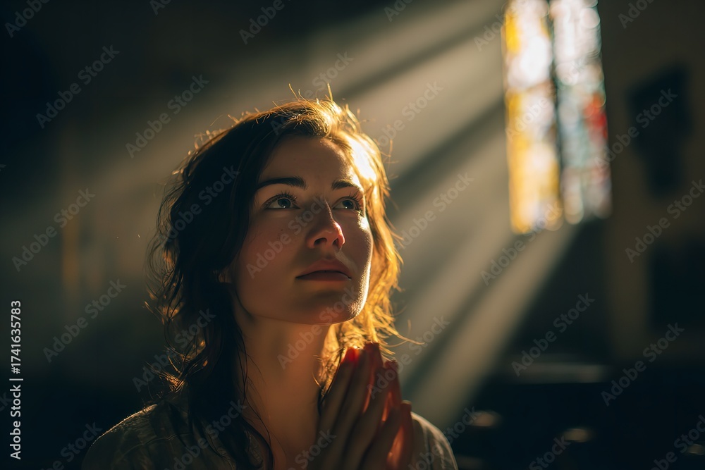 Beautiful woman praying in church with sunlight shining through stained ...