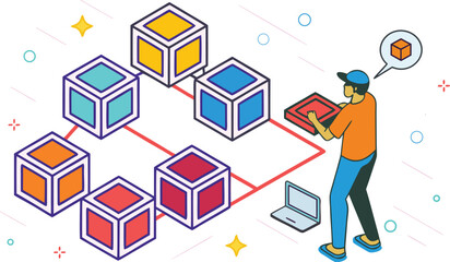 Blockchain Network Concept with Connected Cubes and Developer