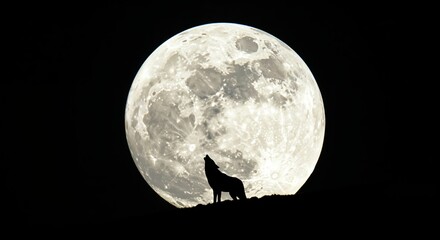  A lone wolf howls dramatically in silhouette against the vast, bright full moon dominating a dark night sky with a subtle horizon line.