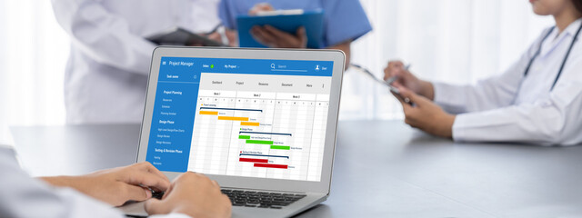 Wall Mural - Project planning software for brisk business project management on the computer screen showing timeline chart of the team project