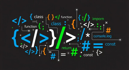 Illustration of programming code elements including class function return and console log syntax on dark background
