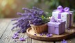 © miss irine - Gift boxes and fresh lavender bouquet on wooden tray. Violet petals scattered around. Romantic presents with flower, wellness concept. Aroma, spa atmosphere, home decor with purple scent.