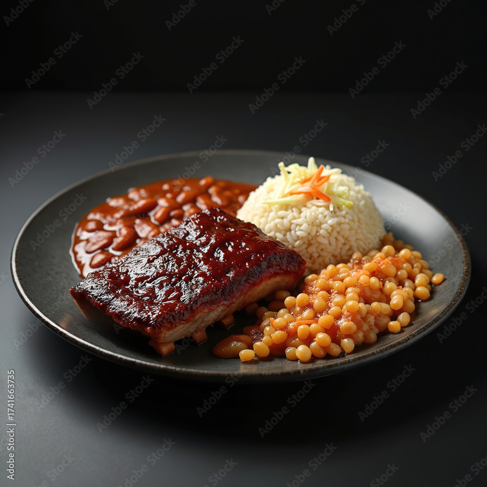 Barbecue pork ribs with rice and baked beans served on dark plate ...