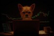 © A - Shorty Kitano - Fearful puppy in the night: laptop adventures. Puppy working. How crypto blurs the line between freedom and financial danger. Earn from crypto. Puppy worker.