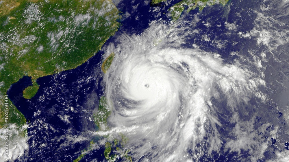 A powerful typhoon with intense storm winds and swirling superstorm ...