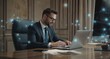 © Falih - Professional in Suit Working on Laptop with Digital Network Overlay