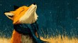 © Jojo* - Cheerful illustration depicts a fox with orange fur wearing a blue scarf, gazing upward with closed eyes under a starlit night sky.