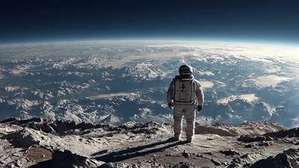 Wall Mural - Astronaut gazing at Earth from a lunar-like surface, with mountains and clouds visible in the background