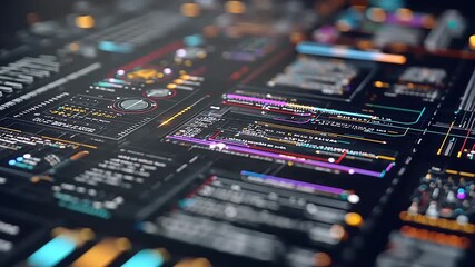 Abstract digital interface showcasing data visualization, coding elements, and vibrant color patterns