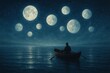 © Bijac - Dreamlike night voyage a lone rower drifting past luminous moons on calm sea