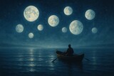 Dreamlike night voyage a lone rower drifting past luminous moons on calm sea