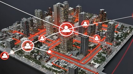 Futuristic cityscape with interconnected buildings, digital networks, and urban greenery in the background