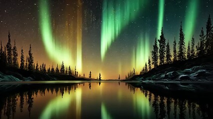 Wall Mural - Majestic Aurora Borealis Illuminating a Serene Lake Surrounded by Pine Trees at Night