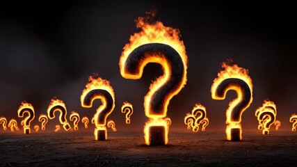 Wall Mural - Fiery question mark symbol burning with intense glowing flames on dark background creating dramatic mysterious atmosphere filled with curiosity and intense burning mystery flame