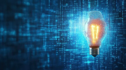 Digital concept image of a futuristic glowing light bulb with information technology icons and binary code background representing innovation and technological ideas