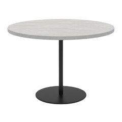 Minimalist round table with light surface and contrasting cylindrical base on transparent void