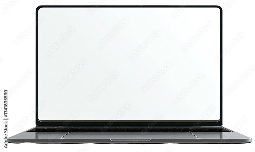 Front view of a modern laptop computer with an open, bright white ...