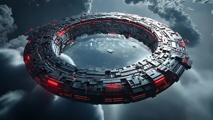 Wall Mural - Futuristic space station orbiting a distant planet amidst dramatic clouds and cosmic scenery