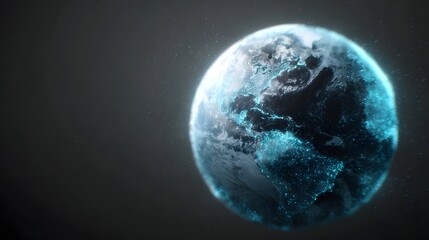 Wall Mural - A luminous blue Earth glows with bright city lights and digital connections against a dark cosmic background