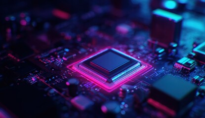 Close-up of a modern computer chip on a circuit board illuminated with vibrant neon colors