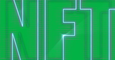 Wall Mural - Animation of glowing neon blue and pink nft text on transparent background