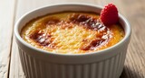 Delicious Raspberry Creme Brulee Dessert in a White Ramekin.